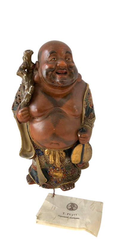 Photo 1 of ANTIQUE KUTANI FIGURE OF HOTEI WITH FLORAL MOTIF MEIJI PERIOD (1868-1912) 9”