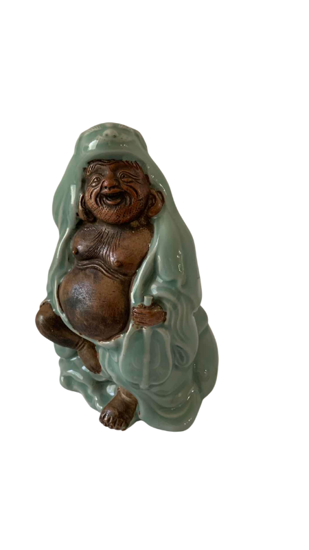 Photo 1 of ANTIQUE SEIGI (CELADON) FIGURE OF HOTEI HOLDING UCHIWA (FAN) MEIJI PERIOD (1868-1912) 8 1/2”