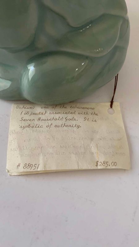 Photo 1 of ANTIQUE SEIGI (CELADON) FIGURE OF HOTEI HOLDING UCHIWA (FAN) MEIJI PERIOD (1868-1912) 8 1/2”