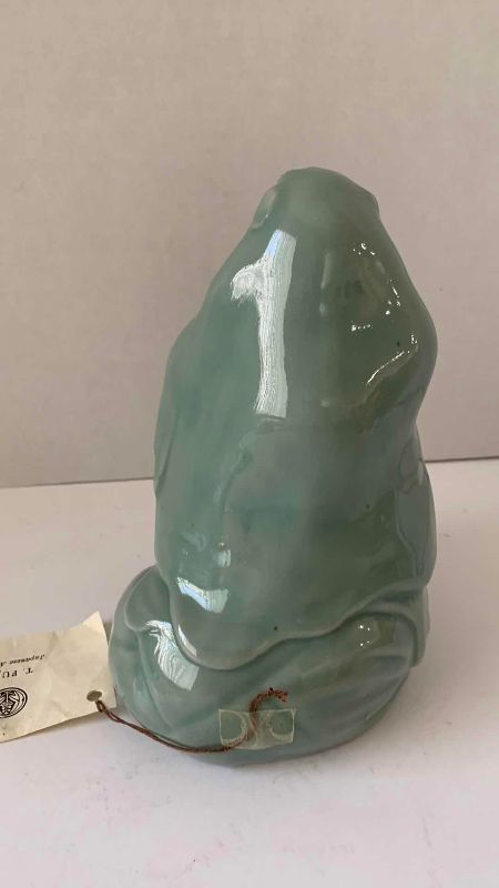 Photo 1 of ANTIQUE SEIGI (CELADON) FIGURE OF HOTEI HOLDING UCHIWA (FAN) MEIJI PERIOD (1868-1912) 8 1/2”