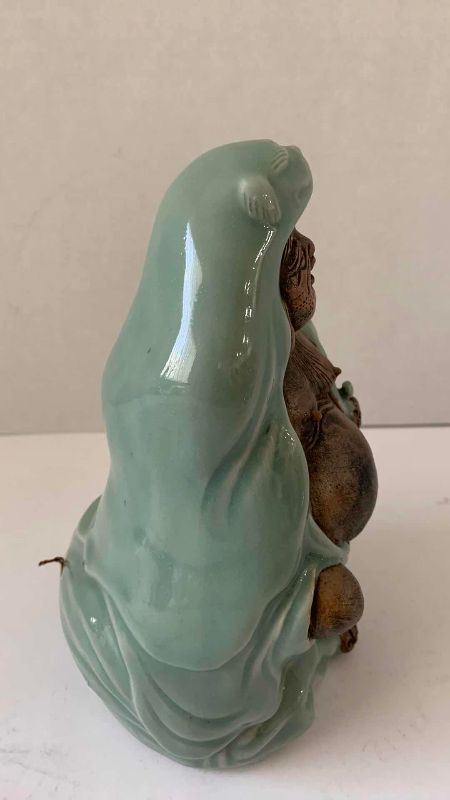 Photo 1 of ANTIQUE SEIGI (CELADON) FIGURE OF HOTEI HOLDING UCHIWA (FAN) MEIJI PERIOD (1868-1912) 8 1/2”