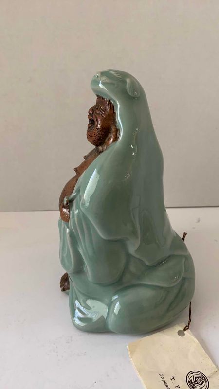Photo 1 of ANTIQUE SEIGI (CELADON) FIGURE OF HOTEI HOLDING UCHIWA (FAN) MEIJI PERIOD (1868-1912) 8 1/2”