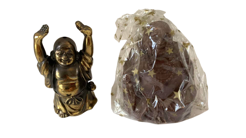 Photo 1 of BRASS INCENSE HOLDER AND CHOCOLATE BUDDHA’S  3 1/2”