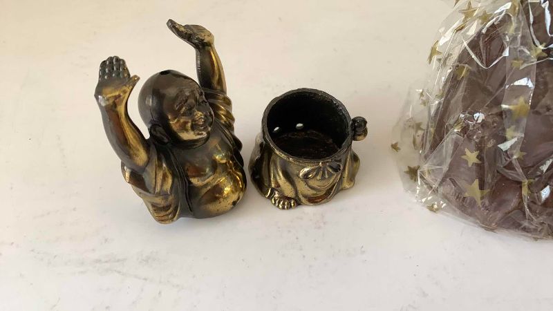 Photo 1 of BRASS INCENSE HOLDER AND CHOCOLATE BUDDHA’S  3 1/2”