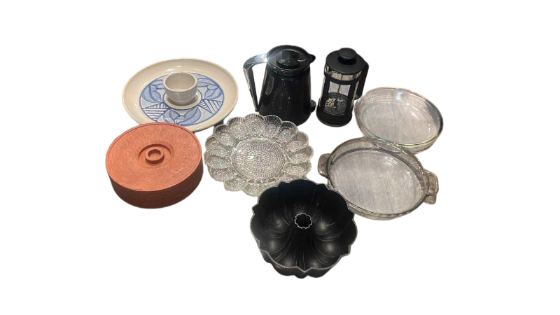 Photo 1 of CONTENTS OF CABINET NICE PLATES, TORTILLA HOLDER, CAKE PANS, COFFEE PRESS, ELECTRIC WATER HEATER