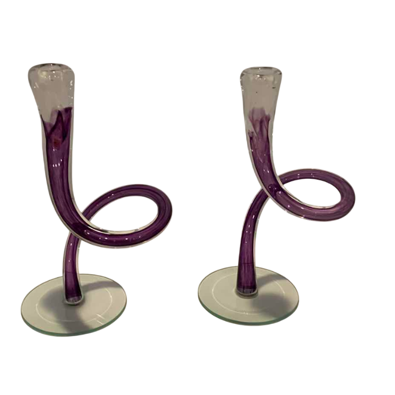Photo 1 of PURPLE DECORATIVE BLOWN GLASS CANDLE HOLDERS 7”