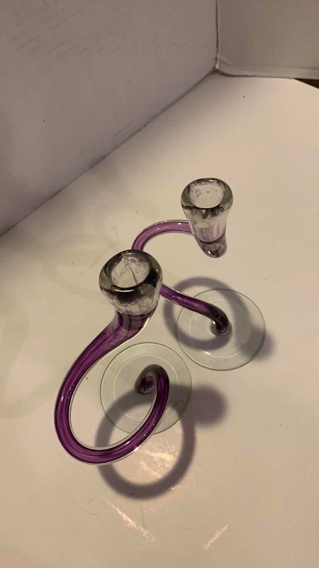 Photo 1 of PURPLE DECORATIVE BLOWN GLASS CANDLE HOLDERS 7”