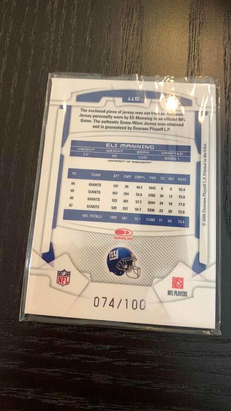 Photo 1 of 2008 DONRUSS ELI MANNING JERSEY CARD 74/100 NFL FOOTBALL
