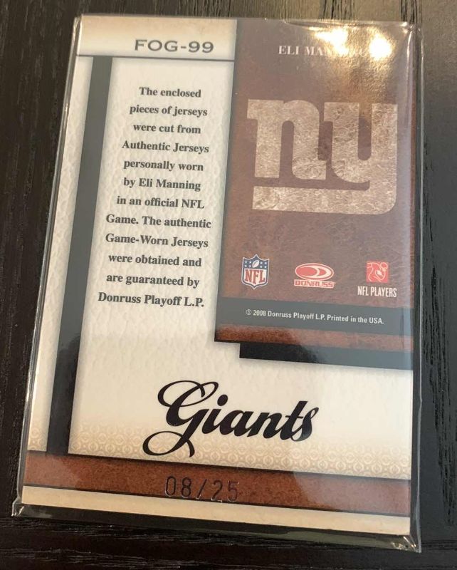 Photo 1 of 2008 DONRUSS ELI MANNING JERSEY CARD 8/25 NFL FOOTBALL