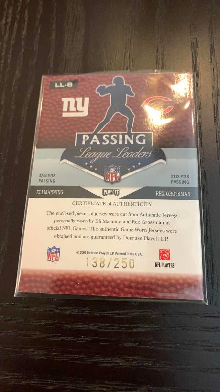 Photo 1 of 2007 PLAYOFF ELI MANNING AND REX GROSSMAN JERSEY CARDS 138/150 NFL FOOTBALL