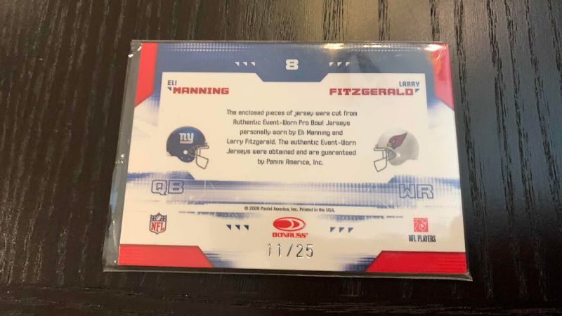Photo 1 of 2009 PANINI ELI MANNING AND LARRY FITZGERALD PRO BOWL 11/25 JERSEY CARDS