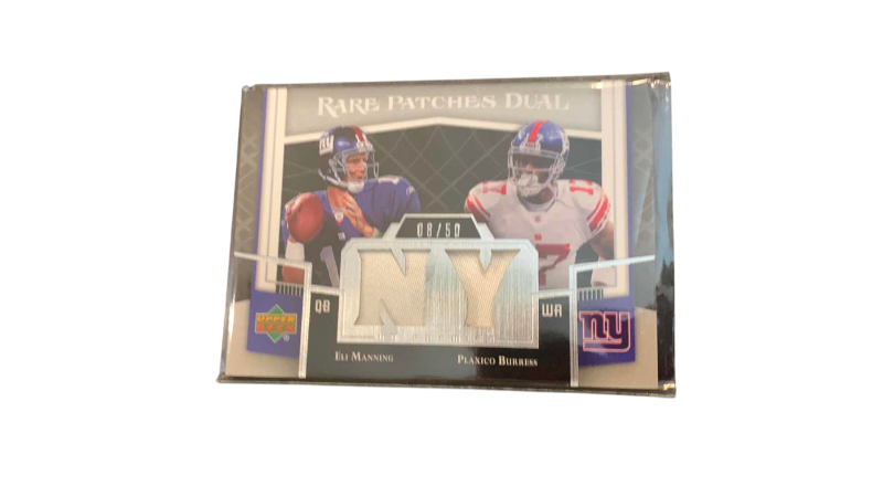 Photo 1 of 2007 UPPER DECK ELI MANNING AND PLAXICO BURRESS JERSEY CARD 8/50 NFL FOOTBALL