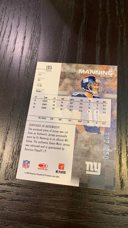 Photo 1 of 2007 DONRUSS ELI MANNING JERSEY CARD 172/250