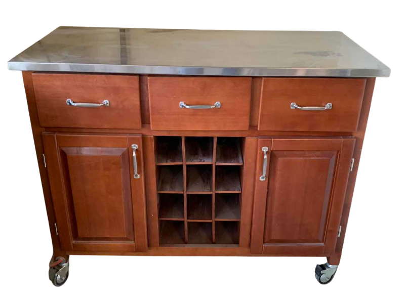 Photo 1 of PORTABLE KITCHEN ISLAND CART W WOOD FINISH, STAINLESS STEEL TOP, BUILT-IN WINE RACK 44” X 21” H 35”