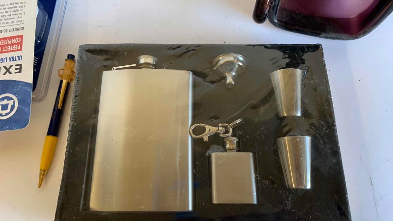 Photo 1 of NIP LIQUOR FLASK SET, GLASS ALARM, EXECUTIVE HEADSET, PORTABLE WINE GLASSES, LIGHT