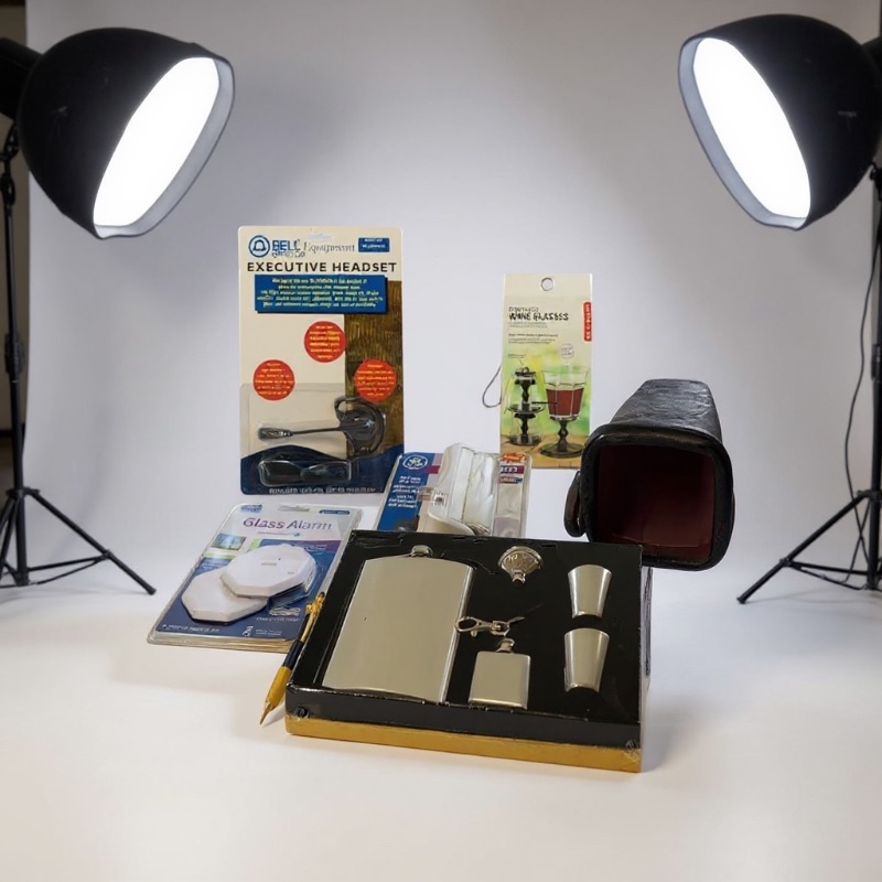 Photo 1 of NIP LIQUOR FLASK SET, GLASS ALARM, EXECUTIVE HEADSET, PORTABLE WINE GLASSES, LIGHT