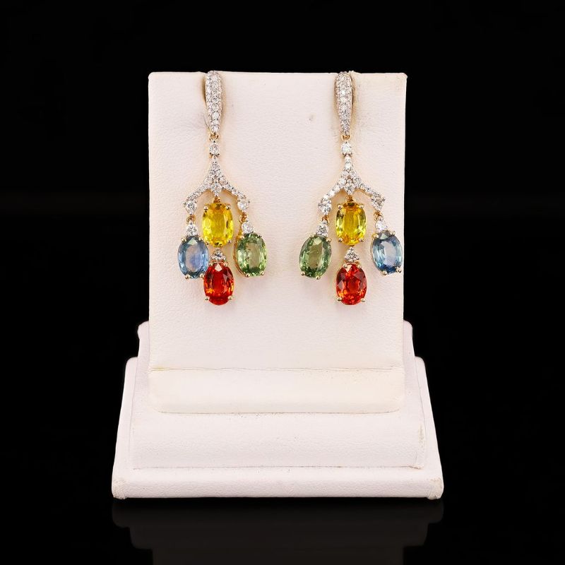Photo 1 of Orianne 7.45ctw MultiColor Sapphire and 0.87ctw Diamond 14K Yellow Gold Earrings with Appraisal ER008410