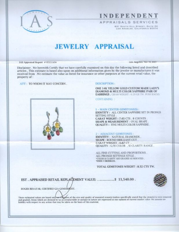 Photo 1 of Orianne 7.45ctw MultiColor Sapphire and 0.87ctw Diamond 14K Yellow Gold Earrings with Appraisal ER008410