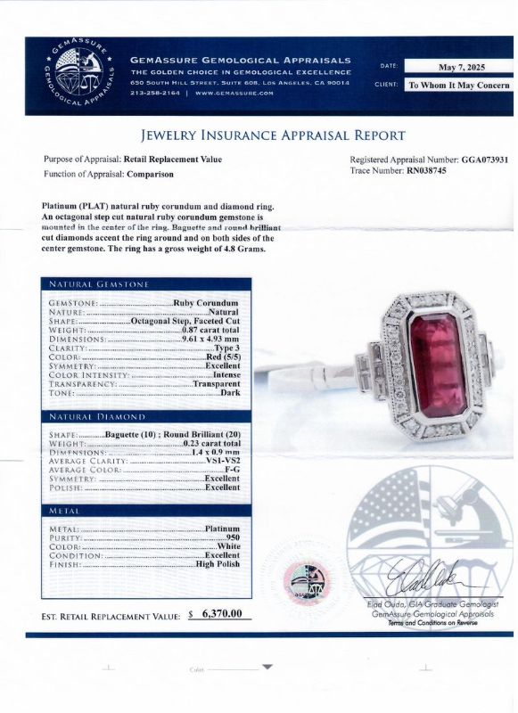 View 4 of Orianne 0.87ct Ruby and 0.23ctw Diamond Platinum Ring Size 7 with Appraisal “FINAL SALE, NO REFUNDS OR RETURNS ON FINE JEWELRY” RN038745