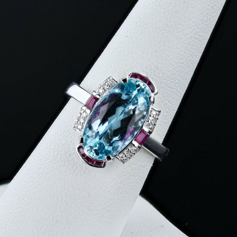 Photo 1 of Orianne 4.13ct Aquamarine, 0.44ctw Ruby and 0.08ctw Diamond Platinum Ring Size 7 with Appraisal RN037308