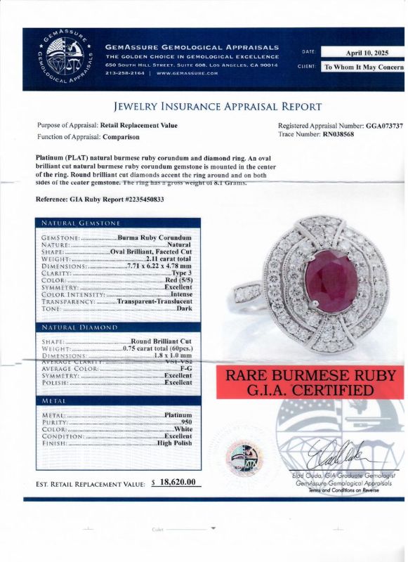 Photo 1 of Orianne 2.11ct BURMESE Ruby and 0.75ctw Diamond Platinum Ring Size 7 (GIA CERTIFIED) with Appraisal RN038568