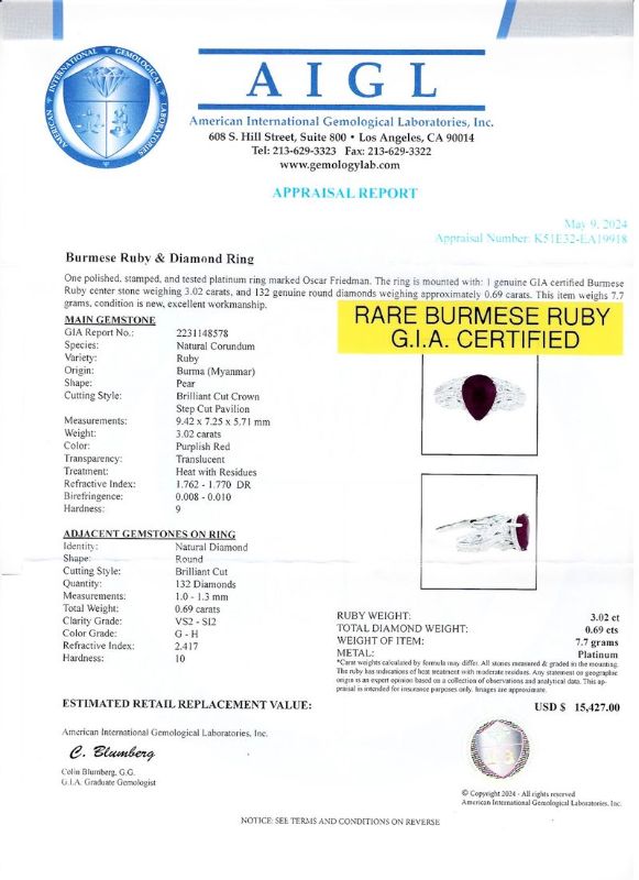 Photo 1 of Orianne 3.02ct BURMESE Ruby and 0.69ctw Diamond Platinum Ring size 6 3/4 (GIA CERTIFIED) with Appraisal RN036291