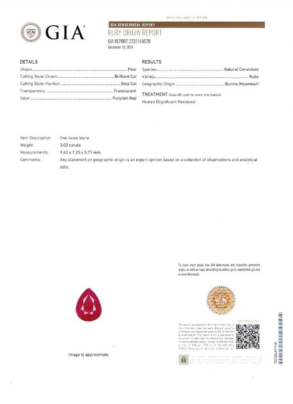 Photo 1 of Orianne 3.02ct BURMESE Ruby and 0.69ctw Diamond Platinum Ring size 6 3/4 (GIA CERTIFIED) with Appraisal RN036291