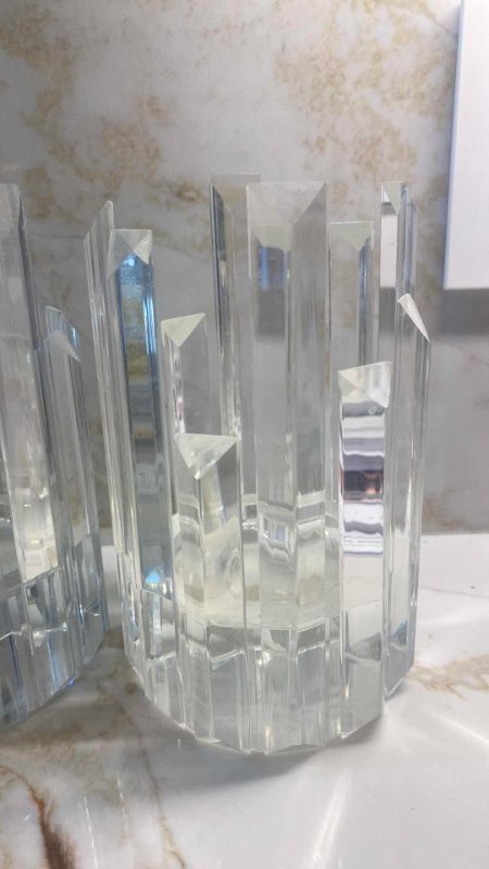 Photo 1 of PAIR OF 4 1/4” ROUND ZGALLERIE CUT GLASS PILLAR CANDLE HOLDERS H7 1/2”