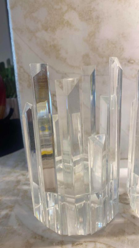 Photo 1 of PAIR OF 4 1/4” ROUND ZGALLERIE CUT GLASS PILLAR CANDLE HOLDERS H7 1/2”