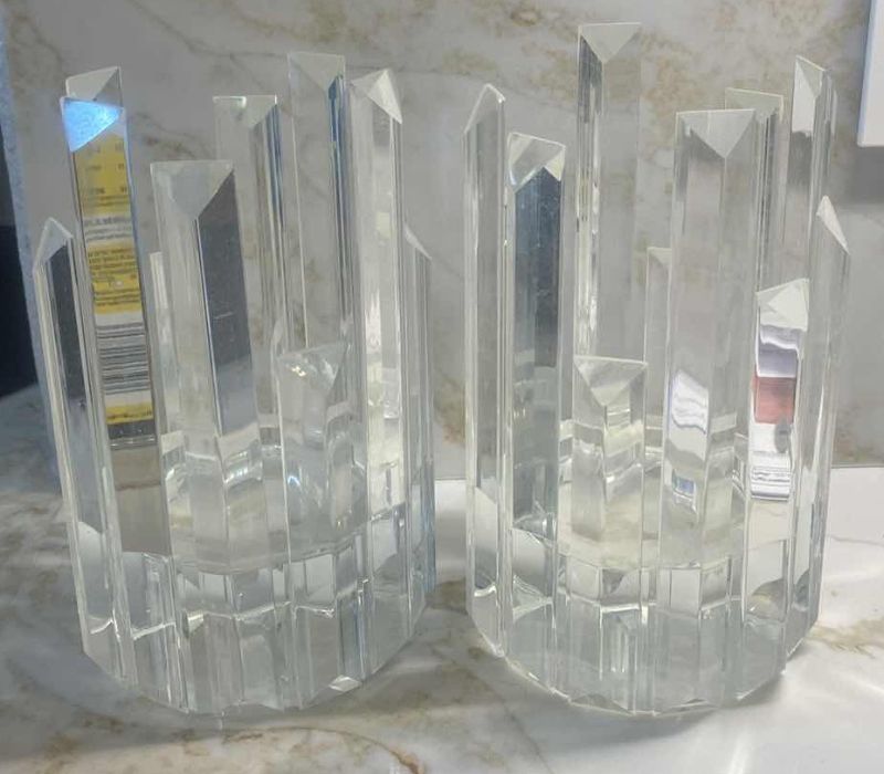 Photo 1 of PAIR OF 4 1/4” ROUND ZGALLERIE CUT GLASS PILLAR CANDLE HOLDERS H7 1/2”