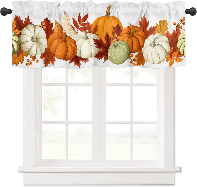 Photo 1 of Valance Curtains Rod Pocket 54*18 Inch, Fall Harvest Pumpkins Short Curtain for Kitchen Cafe Bedroom Living Room Window, Thermal Insulated Single Panel Decor Valances Windows, Autumn Maple Leaf