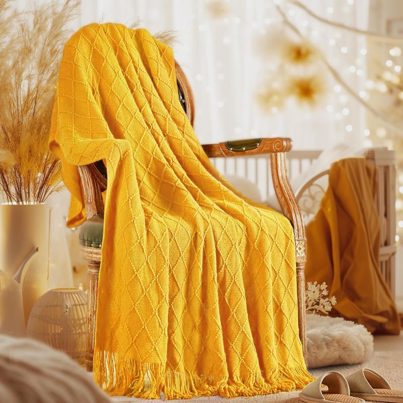 Photo 1 of inhand Knitted Fall Throw Blanket for Couch and Bed, Knit Fall Decor Halloween Blanket with Tassel, Mustard Yellow Lightweight Decorative Farmhouse Warm Woven Blankets and Throws for Women, 60"x80"