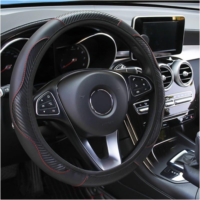 Photo 1 of Car Steering Wheel Cover, 15 inch Carbon Fiber Microfiber PU Leather Elastic Steering Wheel Protector for Men Women, Anti-Slip Breathable Car Interior Accessories for Most Cars (Black)