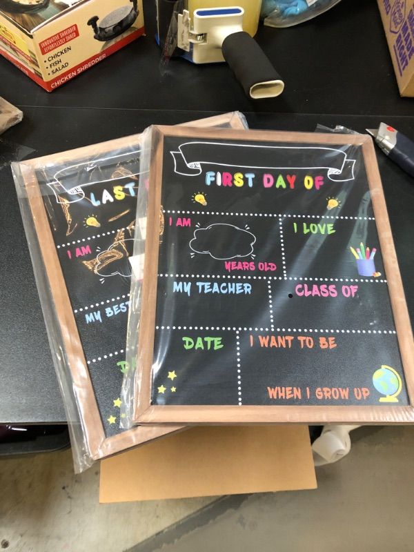 Photo 2 of First Day of School Sign - First Day of School Board - 14” X 11” Double-Sided, First & Last Day of School Chalkboard with Frame for Kids, Back to School Supplies for Preschool Kindergarten 1st Grade  (pack of 2)