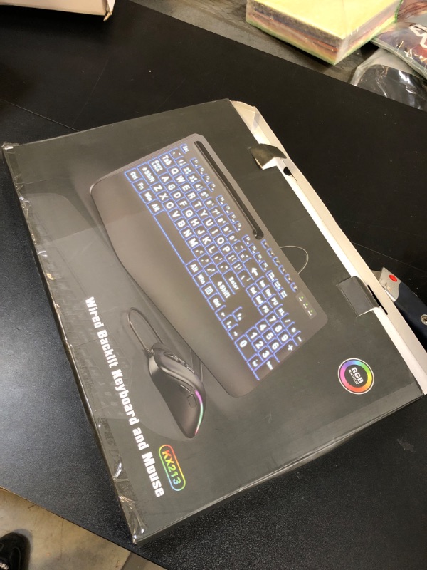 Photo 1 of Wired Keyboard and Mouse, Large Print Backlit Keyboard with Wrist Rest and 7-Color Backlit, Lighted Computer Keyboards Easy to See, Light Up USB Keyboard Mouse Combo for PC, Windows, Laptop SABLUTE