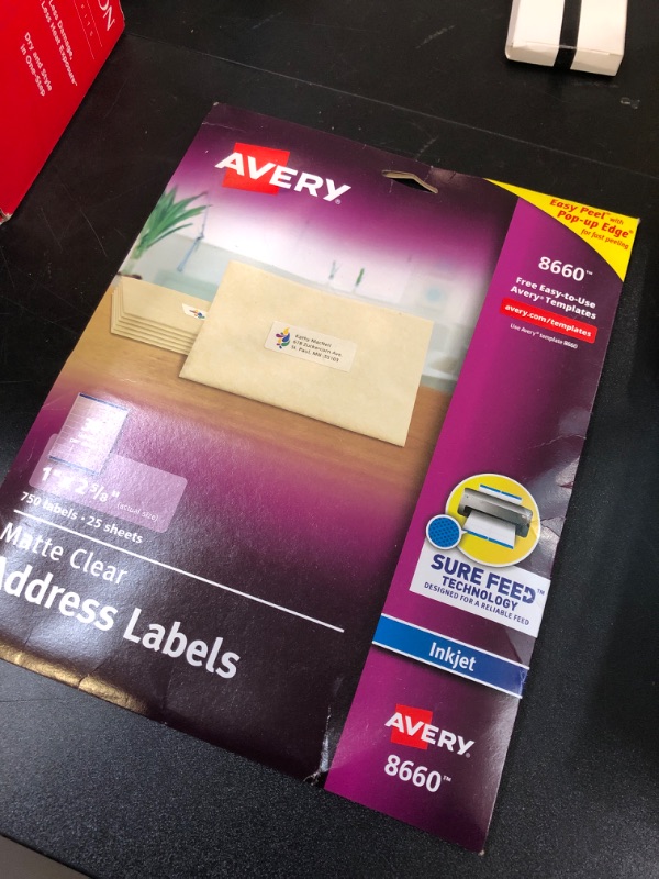 Photo 2 of Avery Matte Clear Address Labels, Sure Feed Technology, Inkjet, 1" x 2-5/8", 750 Labels, 5 Packs (8660)