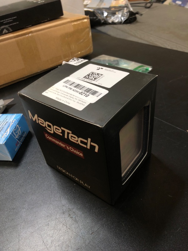 Photo 1 of Mage Tech Card Deck Box for MTG Commander - Patented Design, Commander Display, Fits 100 Double-Sleeved Cards, 35pt Card Brick & Dice Tray - Black/Pale Gold