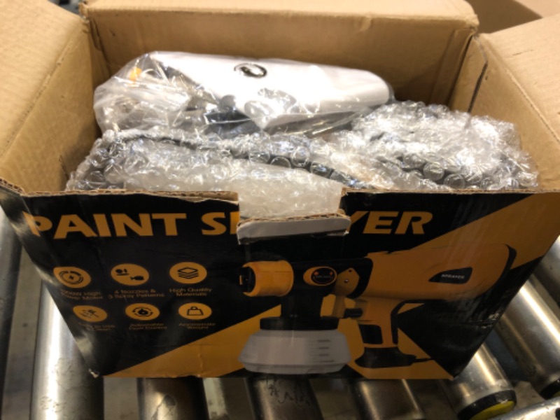 Photo 1 of Paint Sprayer Tool 1000W High Power Electric Spray Paint Gun with Adjustable Spray Width Knob 4 Nozzles and 3 Patterns Easy to Clean for Lawn and Garden Furniture Home Interior House Painting Yellow