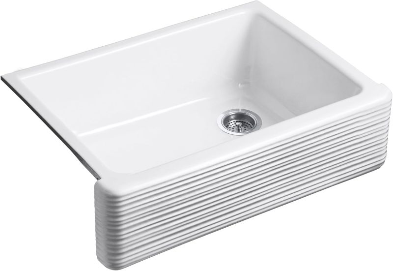 Photo 1 of KOHLER K-7251-0 Whitehaven Farmhouse Undermount Single-Bowl Kitchen Sink with Tall Apron with Hayridge Design, 29-11/16 x 21-9/16 x 9-5/8", White
