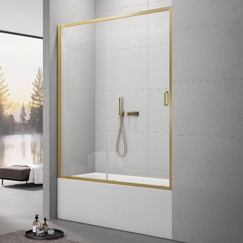 Photo 1 of Sunrosa Framed Tub Shower Door 59"×60", Single Sliding Shower Door with Handle, Bathtub Shower Door with Tempered Glass, Glass Shower Door for Bathtub in Brushed Gold
