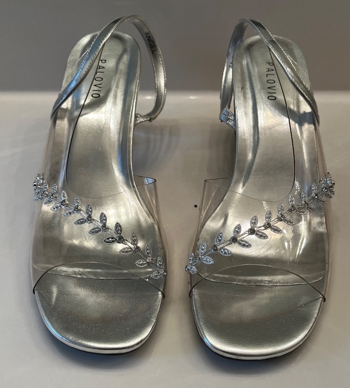Photo 1 of !!!PALOVIO ANGEL SILVER & CLEAR OPEN TOED HEELS WOMENS SIZE 7.5