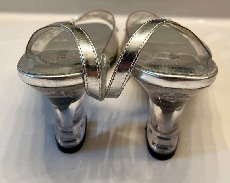 Photo 1 of !!!PALOVIO ANGEL SILVER & CLEAR OPEN TOED HEELS WOMENS SIZE 7.5