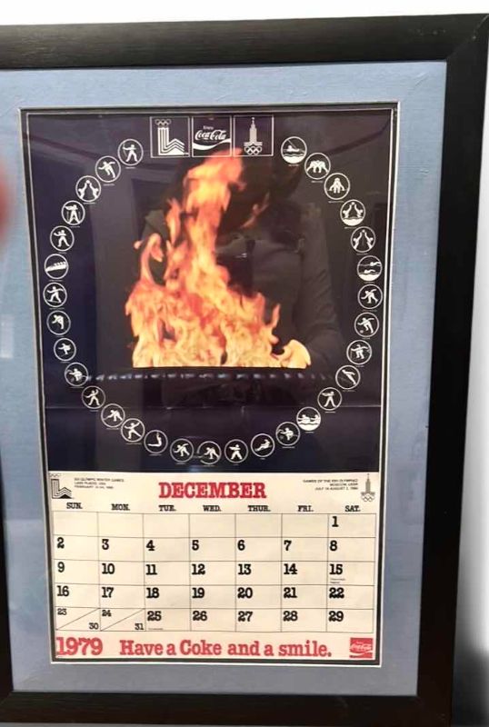 View 5 of 3 - FRAMED OFFICIAL 1979 & 1980 COCA-COLA WINTER OLYMPICS CALENDARS & 2012 ANNUAL CALENDAR LARGEST   16" X 22"