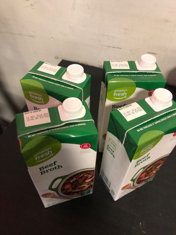 Photo 2 of exp date 11/2024--4pack Amazon Fresh, Beef Broth, Carton, 32 Oz