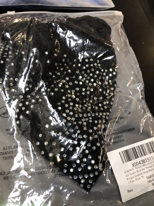 Photo 2 of SEBOWEL Women Rhinestone Glitter Sparkly Sequin Mesh See Through Body Suits Romper Spaghetti Strap Sleeveless Bodysuit Tops, Black, XL