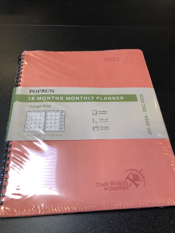 Photo 2 of POPRUN Monthly Planner 2024-2025 Spiral Bound (8.5'' x 10.5'') 18 Months Calendar (Jul 2024 - Dec 2025) - 4 Pages per Month with Monthly Expense & Notes, Sunday Start, Leather Cover - Pink