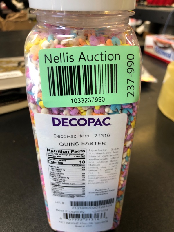 Photo 2 of DECOPAC Deluxe Easter Quins, 17oz, Fancy Sprinkles Shaped Like Animals & Eggs, Candy Sprinkles in Handheld Container, Edible Sprinkles For Celebration Cakes, Cupcakes, Cookies  exp.12/01/2024