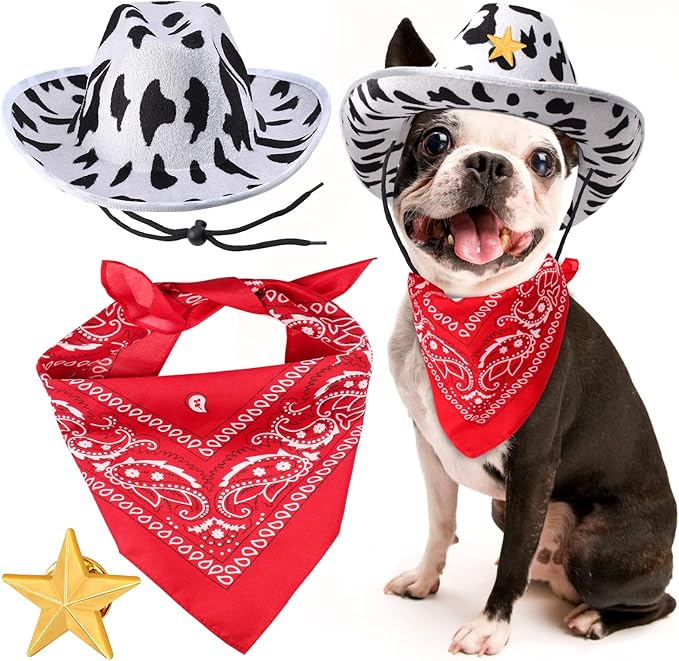 Photo 1 of Pet Cowboy Costume Accessories Dog Cat Cow Print Cowboy Hat Bandana Scarf Star Pin Western Cowboy Party Supplier for Puppy Kitten One Size