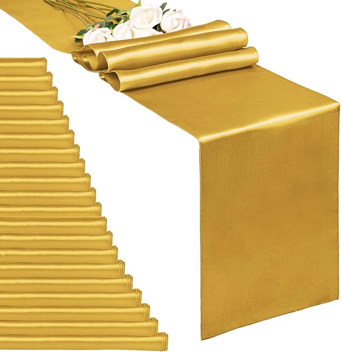 Photo 1 of  Gold 12 x 108 inches Long Premium Satin Table Runner for Wedding, Decorations for Birthday Parties, Banquets, Graduations, Engagements, Table Runners fit Rectange and Round Table