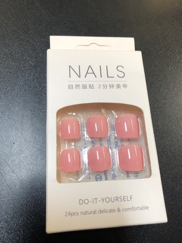 Photo 2 of Press on Toenails Pink Square Fake Toenails with Solid Color Designs, Full Cover Acrylic Toenails Glossy Glue on Toenails Short False Toenails Stick on Toenails for Women and Girls 24Pcs